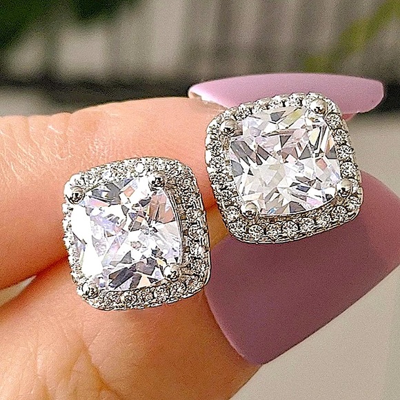 New Sterling Silver Diamond Cushion Halo Earrings